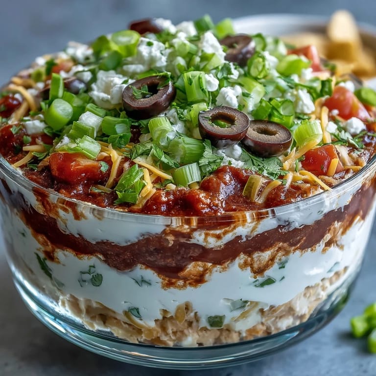 A spoon lifts a cheesy scoop from the colorful 4-Way Layered Dip, paired with crispy tortilla chips.