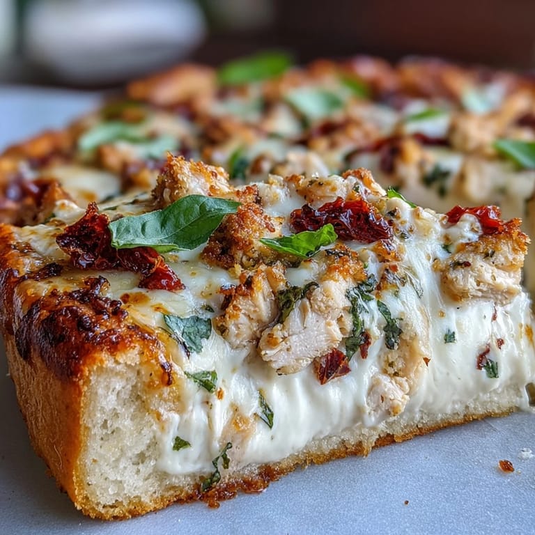 A slice of Marry Me Chicken Pizza, inspired by the viral chicken dish, showcases savory sauce and herbs against a golden, bubbly crust.