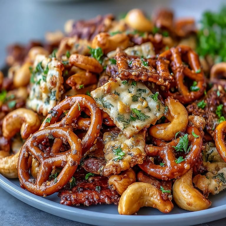 A bowl of Everything Ranch Cheese and Pretzel Snack Mix is served with a cold beer, showcasing the savory blend of tangy ranch and sharp cheese textures.  