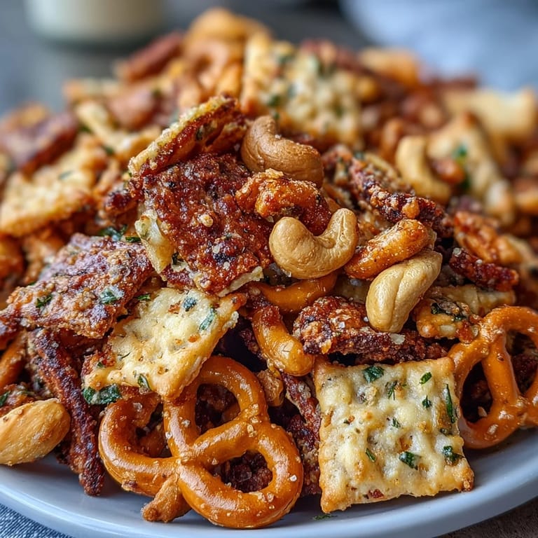 Freshly baked Everything Ranch Cheese and Pretzel Snack Mix cools on parchment paper, highlighting the golden, crunchy pretzels and seasoned cashews perfect for party snacking.
