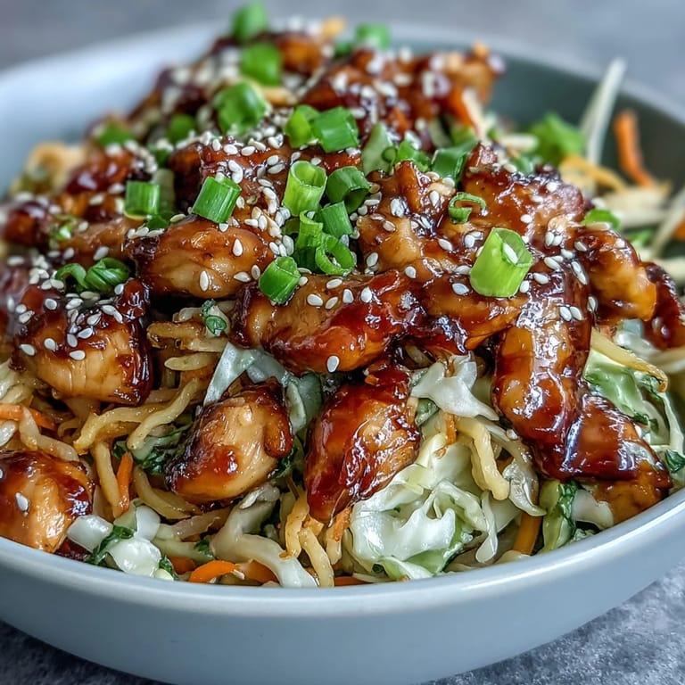 Steam rises from Egg Roll Bowls with Chicken and Cabbage, garnished with green onions and sesame seeds on a dark rustic tabletop.