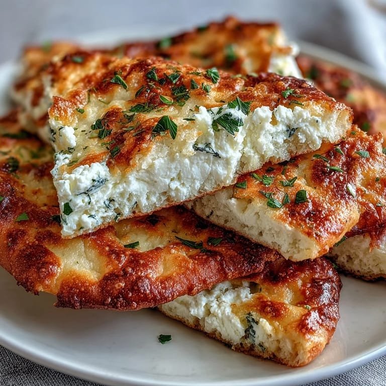 Two warm Fluffy Cottage Cheese Flatbreads stacked, ready to be filled with fresh veggies or creamy dips.