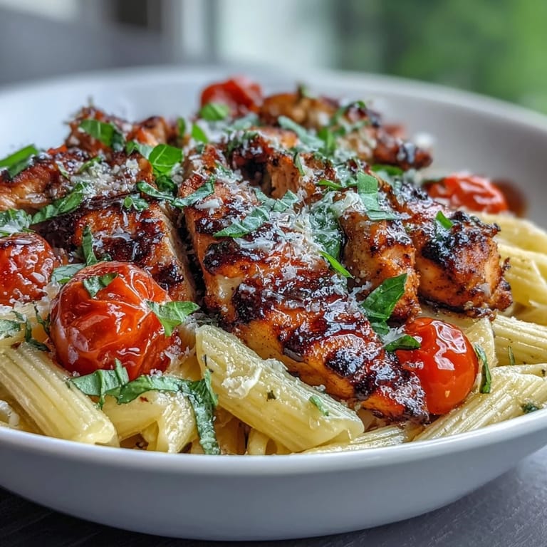 A colorful plate of penne, seared chicken, and halved cherry tomatoes is topped with Parmesan and fresh herbs. Bruschetta Chicken Pasta