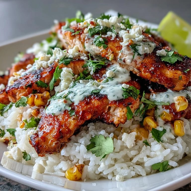 Hearty Street Corn Chicken and Rice Bowls with juicy sliced chicken, lime wedges, and spicy jalapeños on the side.