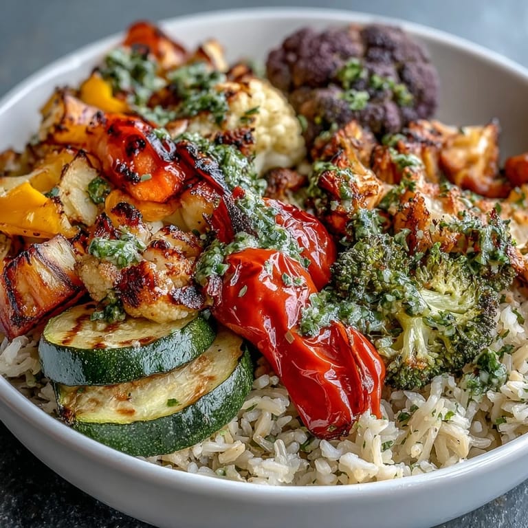This vegetarian Rainbow Roasted Vegetable Bowl features glossy roasted broccoli, bell peppers, and zucchini over brown rice, drizzled with a bright lemon herb sauce.  