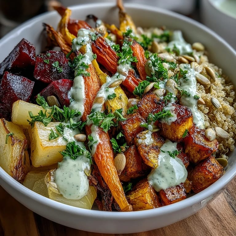 Overhead view of a vibrant Roasted Root Vegetable Bowl, garnished with fresh parsley and pumpkin seeds on a rustic wooden table.