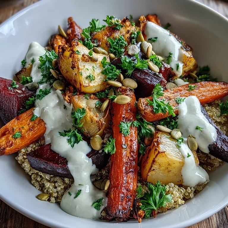 Roasted Root Vegetable Bowl served in a ceramic bowl, showing tender parsnips and beets with a drizzle of tahini sauce for a wholesome meal.