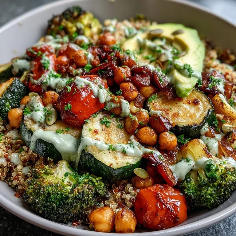 Colorful roasted vegetable and legume bowl featuring chickpeas, lentils, and quinoa, drizzled with a creamy tahini dressing.