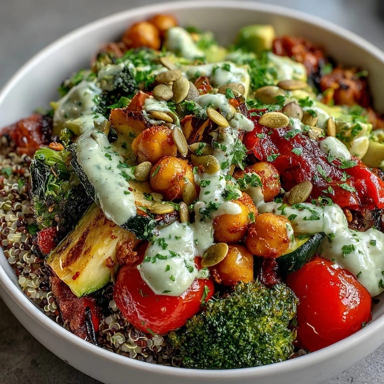 Wholesome vegetable and legume bowl with golden roasted zucchini and bell peppers, garnished with fresh parsley and lemon wedges.