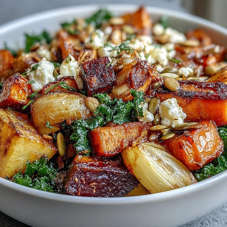 Warm apple cider dressing drizzled over the Winter Root Vegetable Bowl, with toasted pumpkin seeds for crunch.
