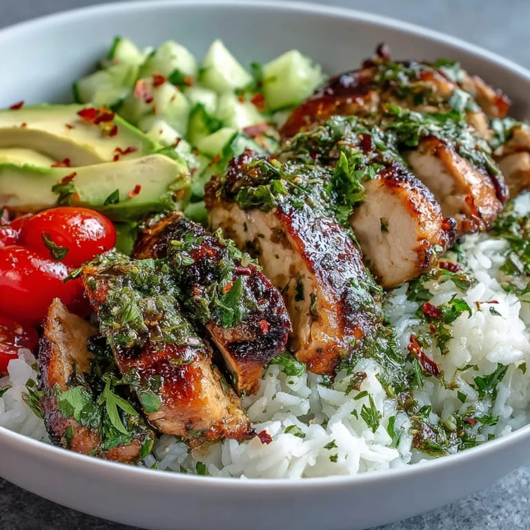 Grilled chimichurri chicken served over rice with cucumber, red onion, and fresh herbs on a rustic table.