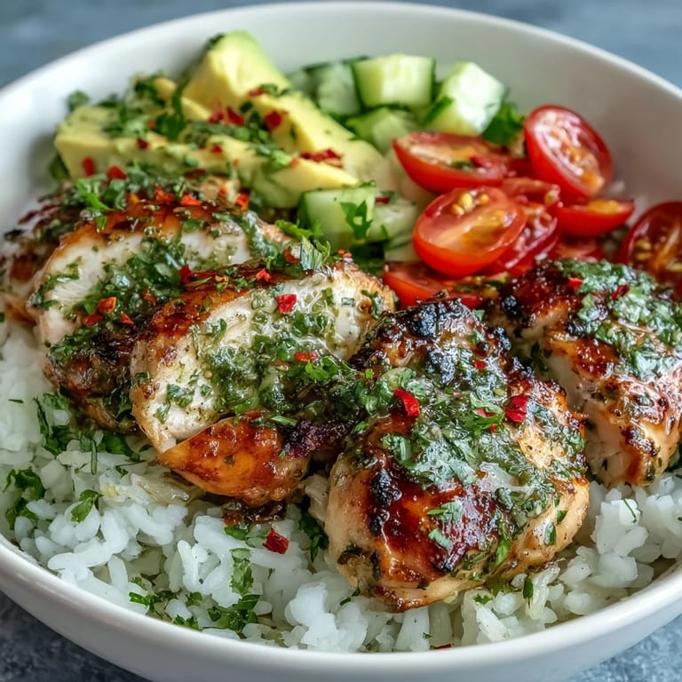 Sliced avocado and juicy cherry tomatoes top a hearty chimichurri chicken bowl with lime wedges nearby.