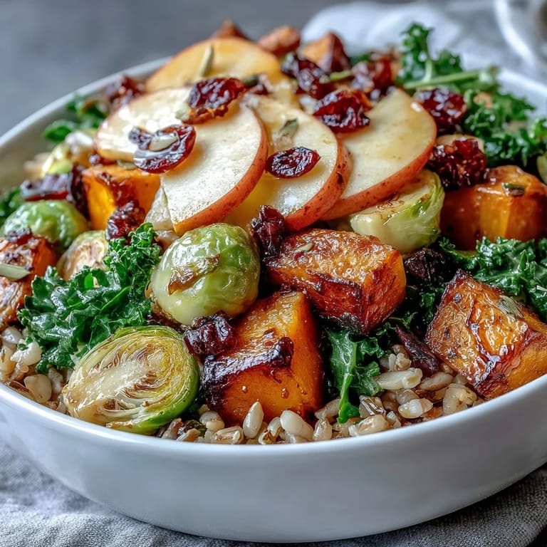 This nourishing Fall Vegetable Bowl features roasted squash, tender Brussels sprouts, and creamy farro, garnished with dried cranberries and fresh apple slices.