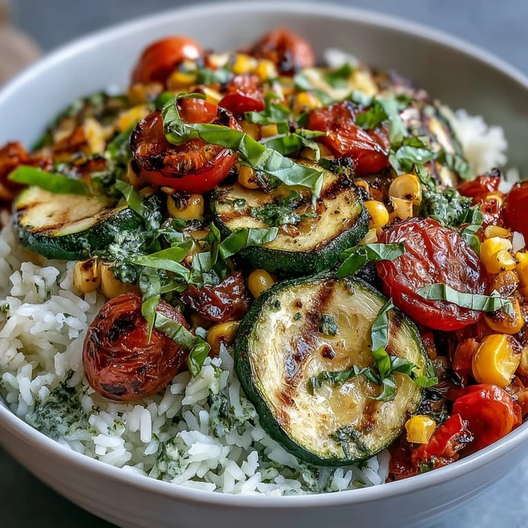 A vibrant Summer Vegetable Bowl featuring tender zucchini, juicy tomatoes, colorful peppers, and corn nestled on warm rice with basil.