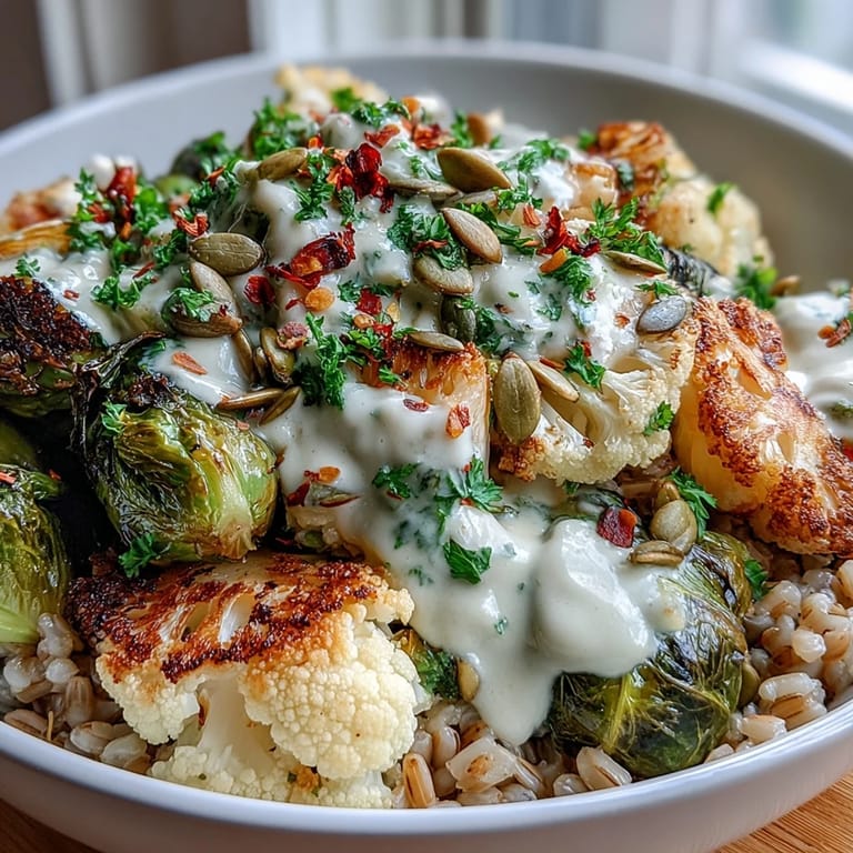 A vibrant Roasted Brassica Bowl featuring crispy roasted vegetables over fluffy quinoa, drizzled with creamy lemon-tahini dressing.