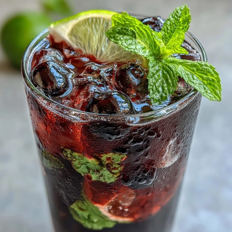 Close-up of Tangy Blackcurrant Mojito in a highball glass, featuring blackcurrant syrup and lime wedges.