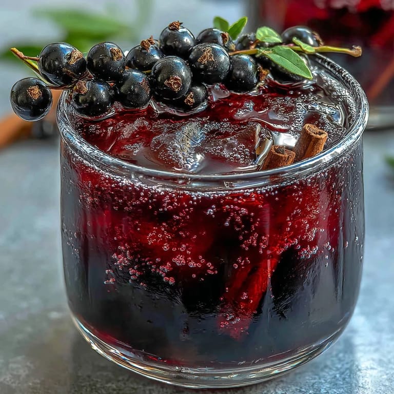 Aromatic Black Currant Rum Liqueur in a glass bottle with fresh berries and cinnamon nearby.