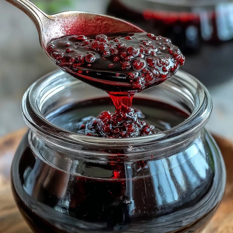 A clear glass jar displays fresh blackcurrants and sugar macerating, with a split vanilla bean visible for aroma.