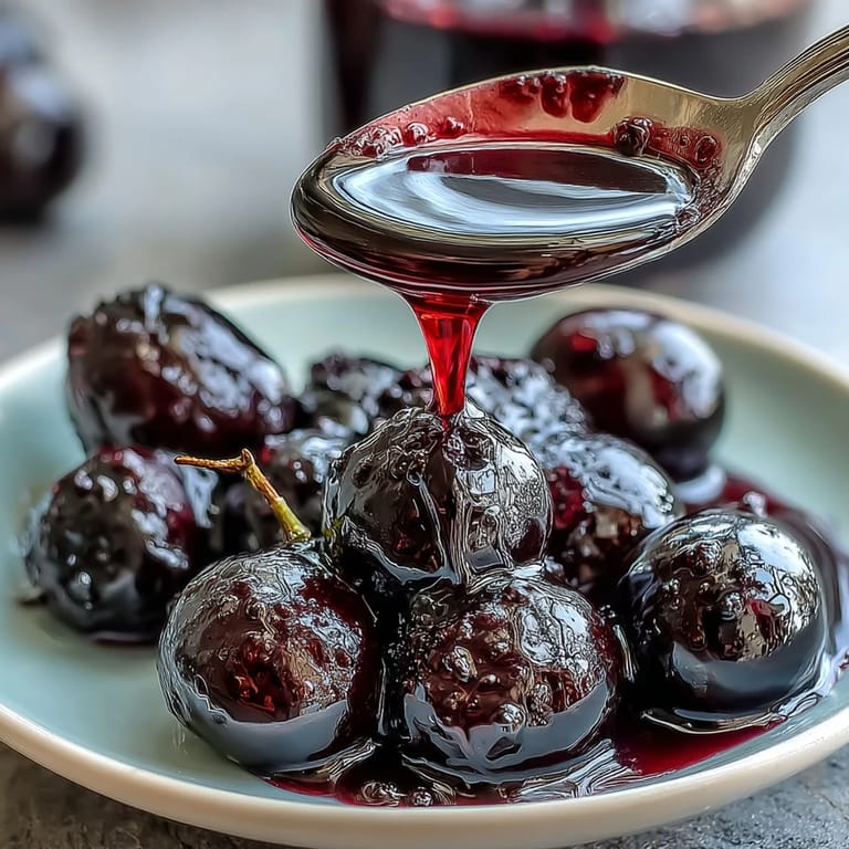 A sterilized glass bottle filled with deep purple Black Currant Syrup, paired with fresh berries on a marble surface.