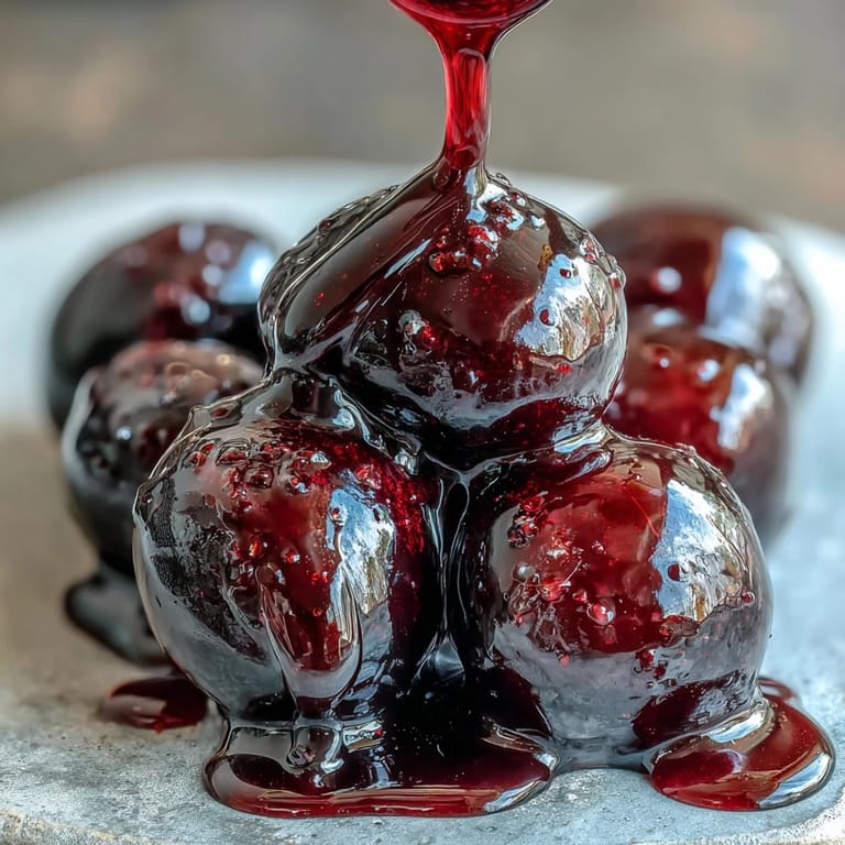 Close-up of Black Currant Syrup drizzled over creamy vanilla ice cream and a stack of fluffy pancakes.