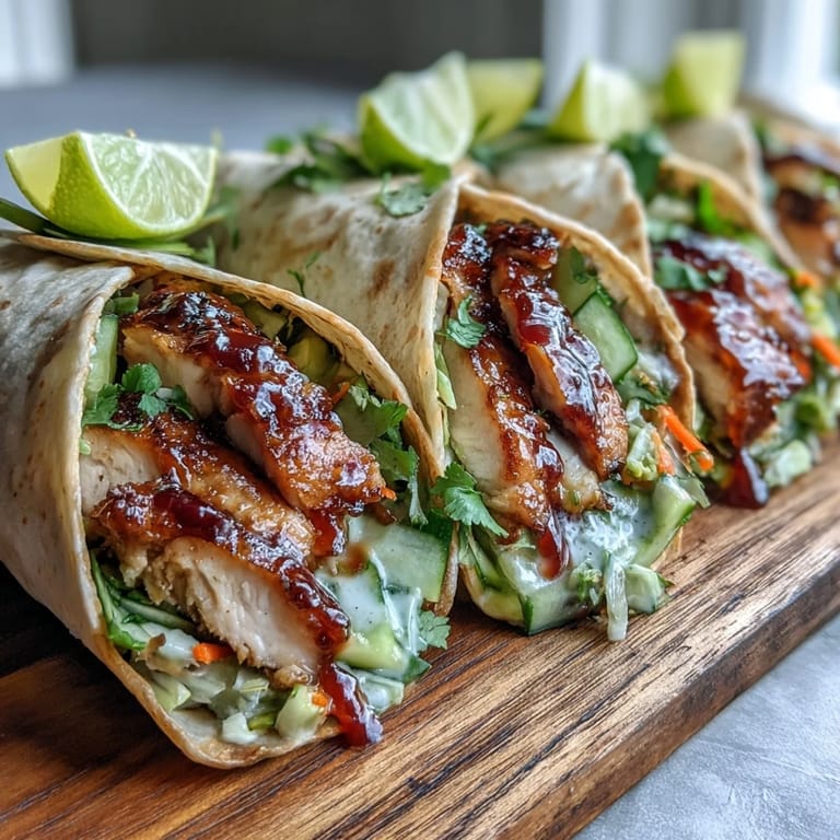 Bright and colorful Sweet Chili Chicken Wraps garnished with fresh cilantro and lime wedges on a rustic wooden table.