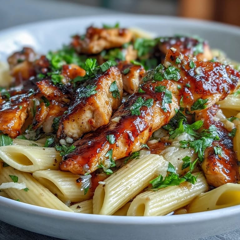 A close-up of glossy Honey Pepper Chicken Pasta showing tender chicken strips, al dente penne, and a honey-pepper sauce glaze in a skillet.