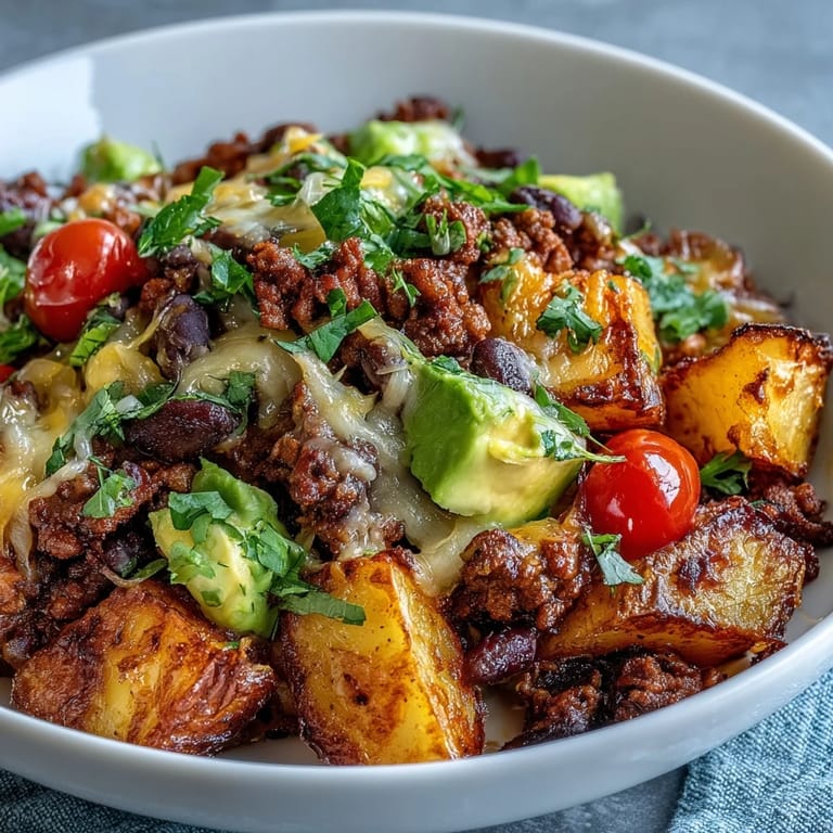 Loaded Potato Taco Bowl served with diced avocado, fresh cherry tomatoes, cilantro, and a dollop of sour cream.