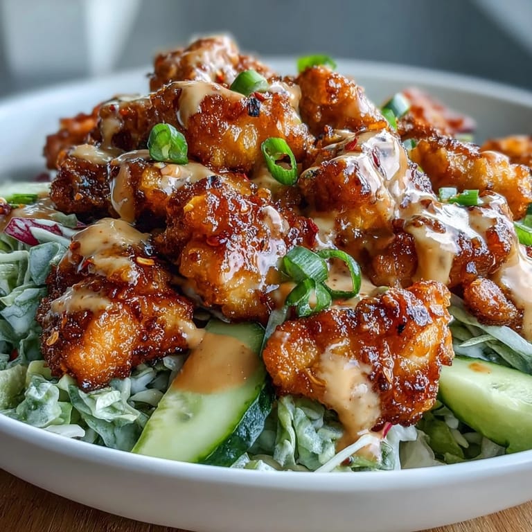 Golden chicken pieces rest on fluffy white rice with sesame seeds for this Bang Bang Chicken Bowl.