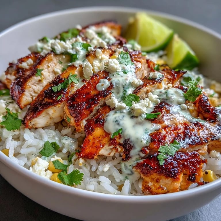 Hearty and gluten-free Street Corn Chicken Rice Bowl with smoky chicken, street corn mix, and optional tortilla chips on the side.