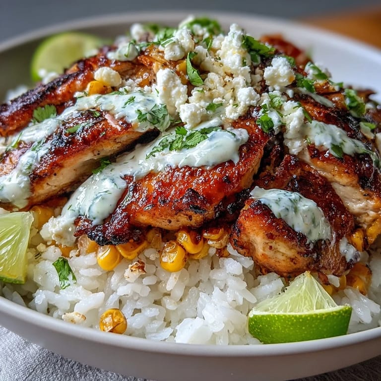 Colorful Street Corn Chicken Rice Bowl topped with Cotija cheese, avocado, cilantro, and fresh lime wedges for serving.