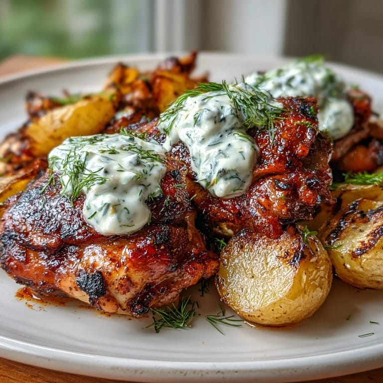 Tender grilled chicken thighs marinated in spiced yogurt are served with a dollop of tangy dill feta cream and crunchy roasted baby potatoes.
