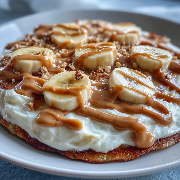 Fresh banana slices and a rich peanut butter drizzle add sweet, nutty flavor to the High-Protein Breakfast Pizza Bowl.