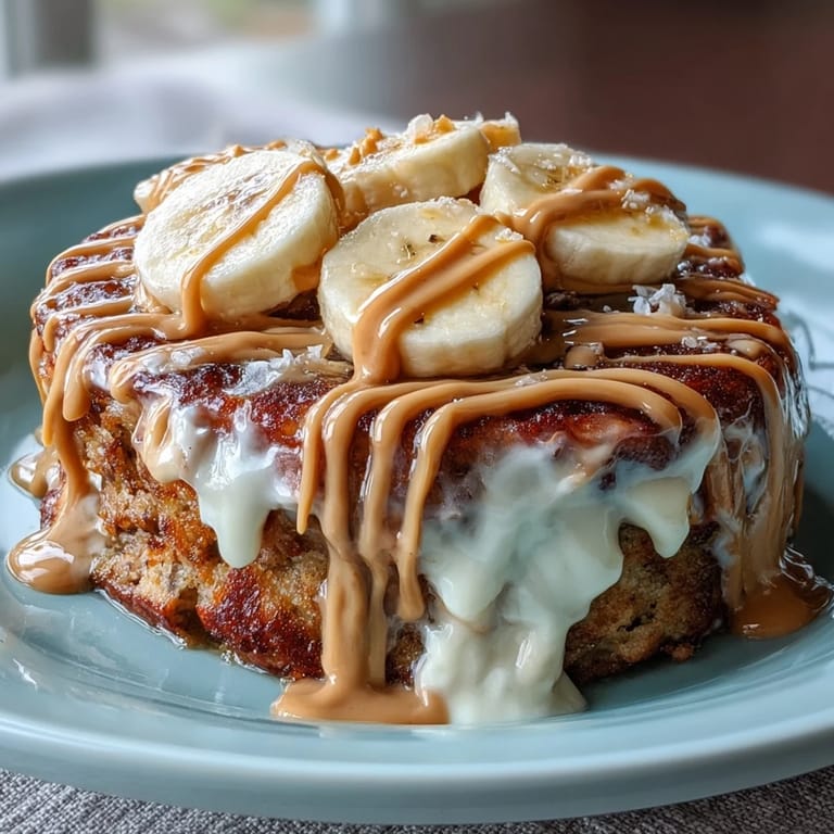 A warm, golden-brown High-Protein Breakfast Pizza Bowl topped with creamy yogurt, peanut butter drizzle, and fresh banana slices.