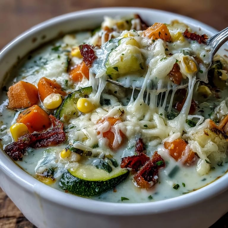 A pot of Creamy Garlic Parmesan Veggie Soup served with crusty artisan bread, perfect for a cozy meal.