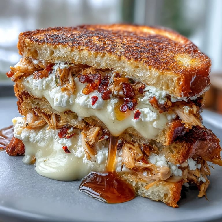 Melted goat cheese and shredded chicken peek from buttery grilled sourdough, drizzled with spicy hot honey.