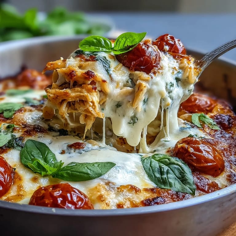 Quick One-Pan Creamy Chicken Lasagna Orzo plated with garlic bread and a crisp green salad side.