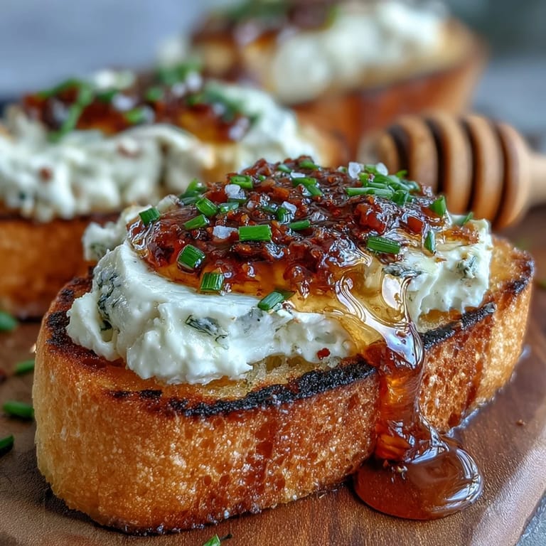 Crispy homemade crostini with soft cheese spread and red pepper flake-infused honey, ready to serve as an easy party appetizer.
