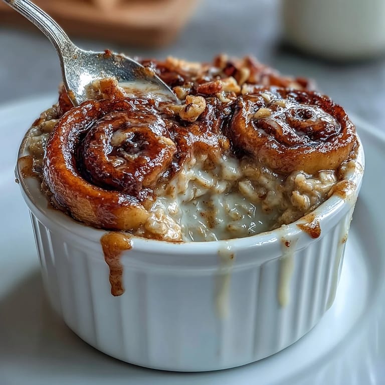 A single-serve Cinnamon Swirl Protein Banana Baked Oats topped with banana slices and a drizzle of nut butter, perfect for a nourishing breakfast.