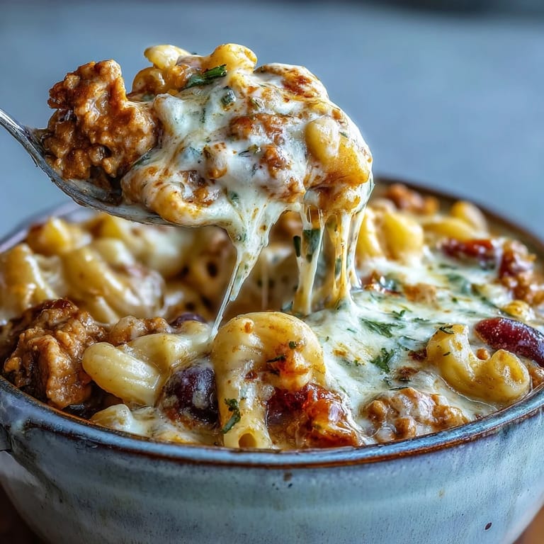 This hearty Baked Ranch Turkey Chili Mac casserole is served from the Dutch oven with a spoon, ready to eat.
