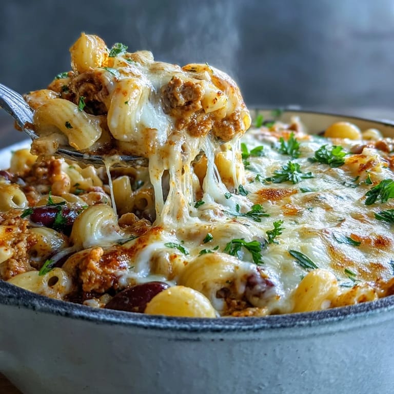 Close-up of creamy Baked Ranch Turkey Chili Mac, showing cheesy texture and colorful beans in a rustic baking dish.