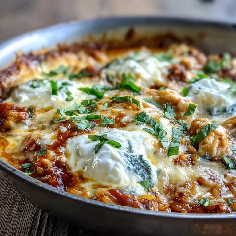 A rustic skillet holds One-Pan Creamy Chicken Lasagna Orzo served alongside fresh salad and garlic bread for dinner.