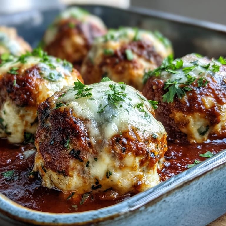 Steam rises from bubbling baked spicy chicken Parm meatballs served over spaghetti for dinner.