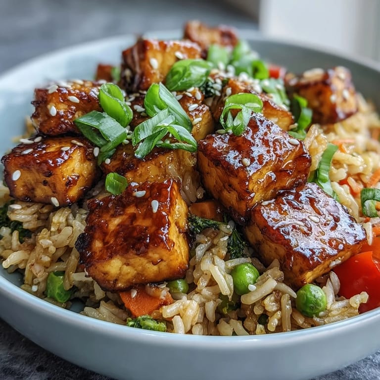 Wok-fried jasmine rice with tender peas, carrots, and crunchy tofu bites, ready to serve hot for a quick weeknight meal. This Crispy Sesame Tofu Fried Rice is perfect for busy cooks. 