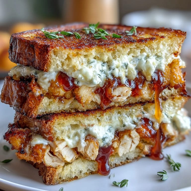 Close-up of a buttery grilled sandwich, showing melted goat cheese and shredded chicken with a spicy hot honey drizzle.