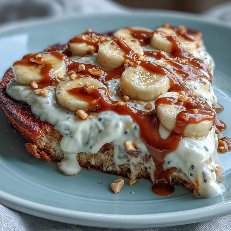 A warm slice of High-Protein Breakfast Pizza Bowl featuring creamy Greek yogurt frosting, a drizzle of peanut butter, and fresh banana slices.