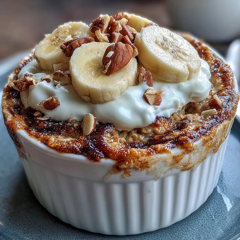 Warm and fluffy single-serve Cinnamon Swirl Protein Banana Baked Oats with a gooey cinnamon center and chopped walnuts on top.