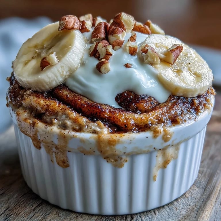 Golden brown Cinnamon Swirl Protein Banana Baked Oats served hot from the oven with a side of strong black coffee.
