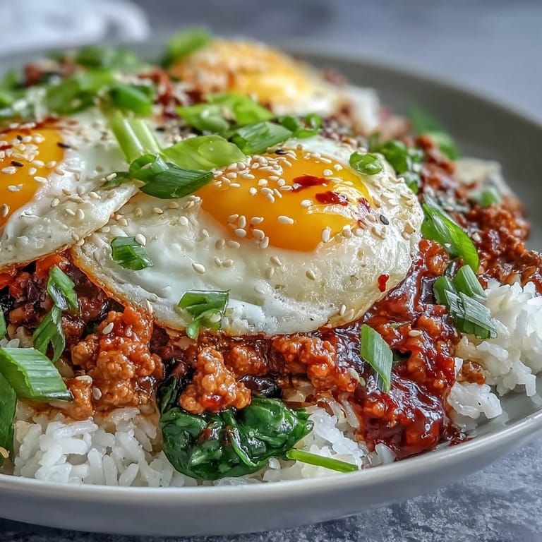 Weeknight Creamy Korean Turkey Rice Skillet with sautéed veggies and a creamy sauce, ready to serve with kimchi and green onions.