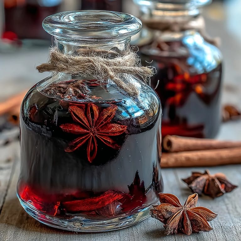 Rich blackcurrant vodka liqueur infused with cinnamon, cloves, and star anise, its vibrant hue inviting a cozy, aromatic experience.