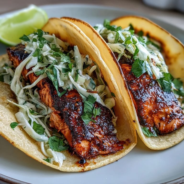 Golden salmon fillets seasoned with chili and paprika, topped with crunchy cilantro slaw, perfect for quick weeknight dinners.  